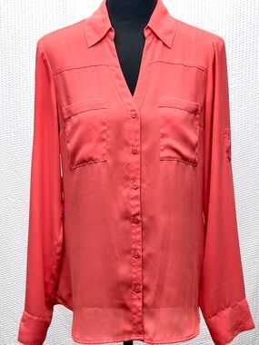 Express Portofino Shirt Women’s Sz S Coral Pink Blouse Roll Tab Sleeve EUC